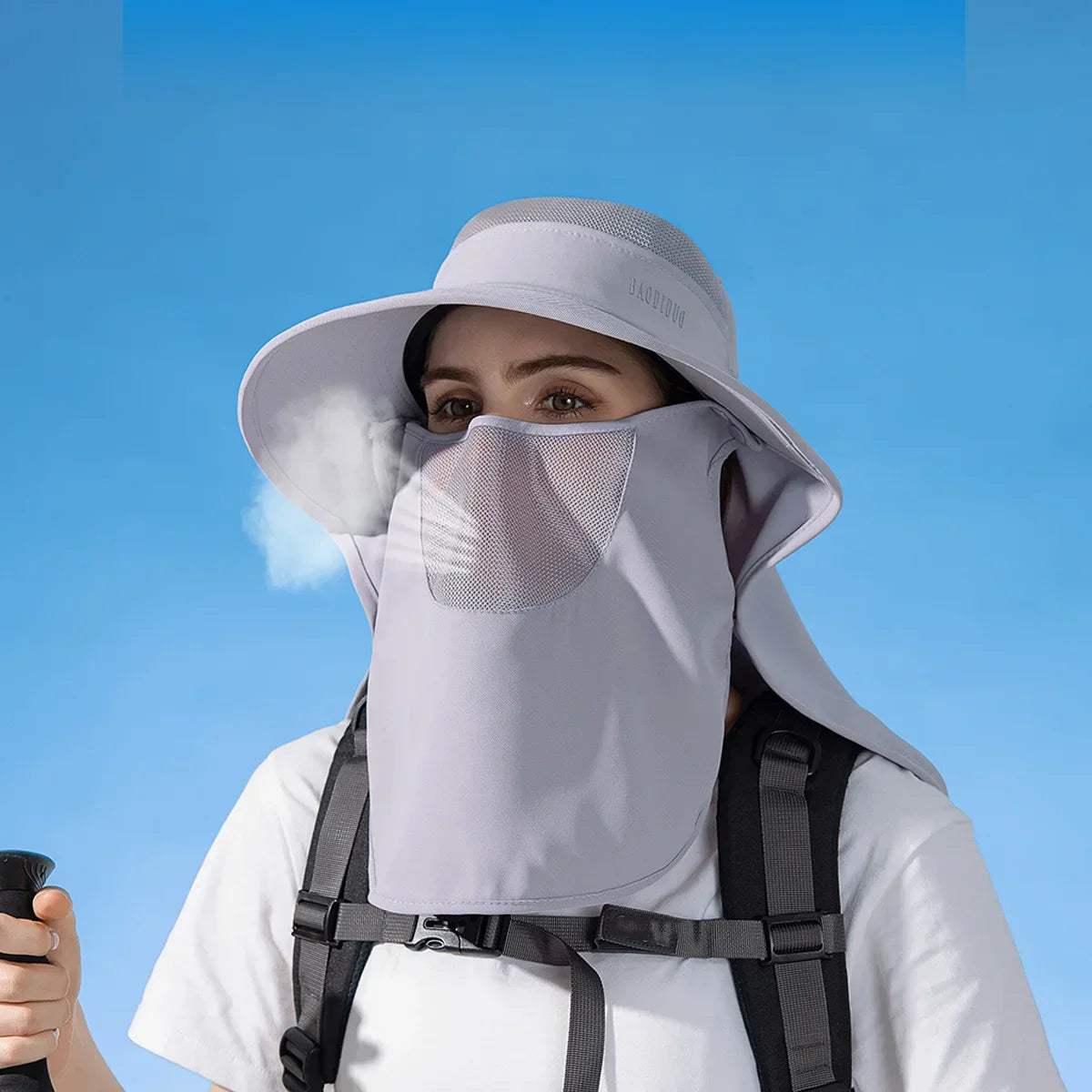 Detachable Face Mask Shawl Wide Brim Boonie Hat with Ponytail Hole - Image 3