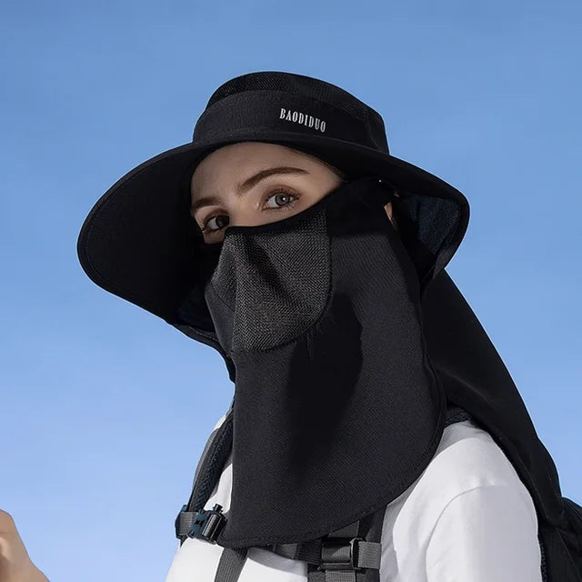Detachable Face Mask Shawl Wide Brim Boonie Hat with Ponytail Hole - Image 10