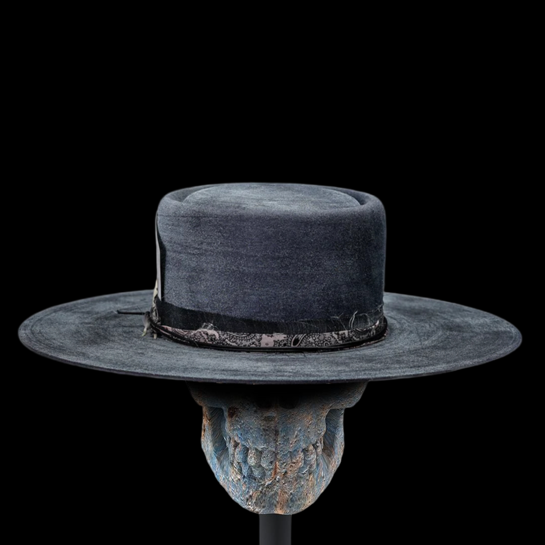 Distressed Fedora with Black Poker Card Insert Featuring Ace of Spades Adorned with Gold Text and Design - Image 2