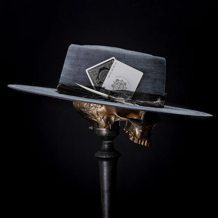 Distressed Fedora with Black Poker Card Insert Featuring Ace of Spades Adorned with Gold Text and Design