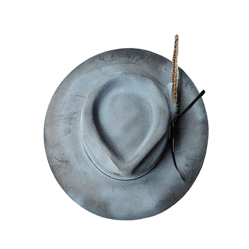 Distressed Fedora with Smoke Grey White Ribbon and Feather - Image 3
