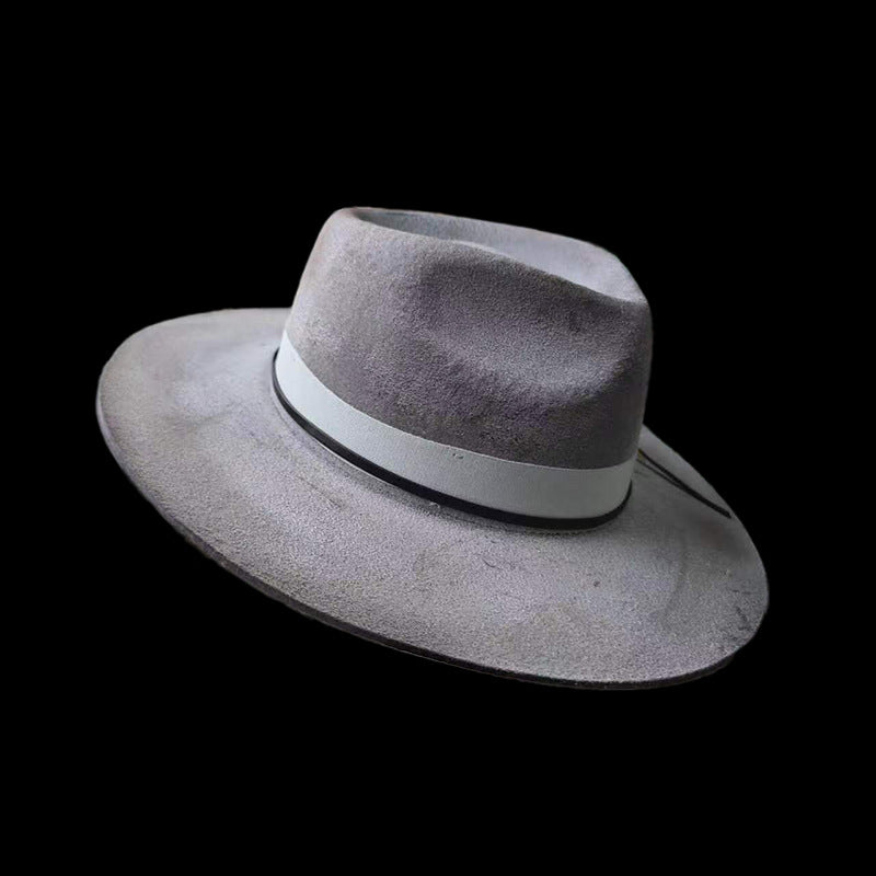 Distressed Fedora with Smoke Grey White Ribbon and Feather - Image 5