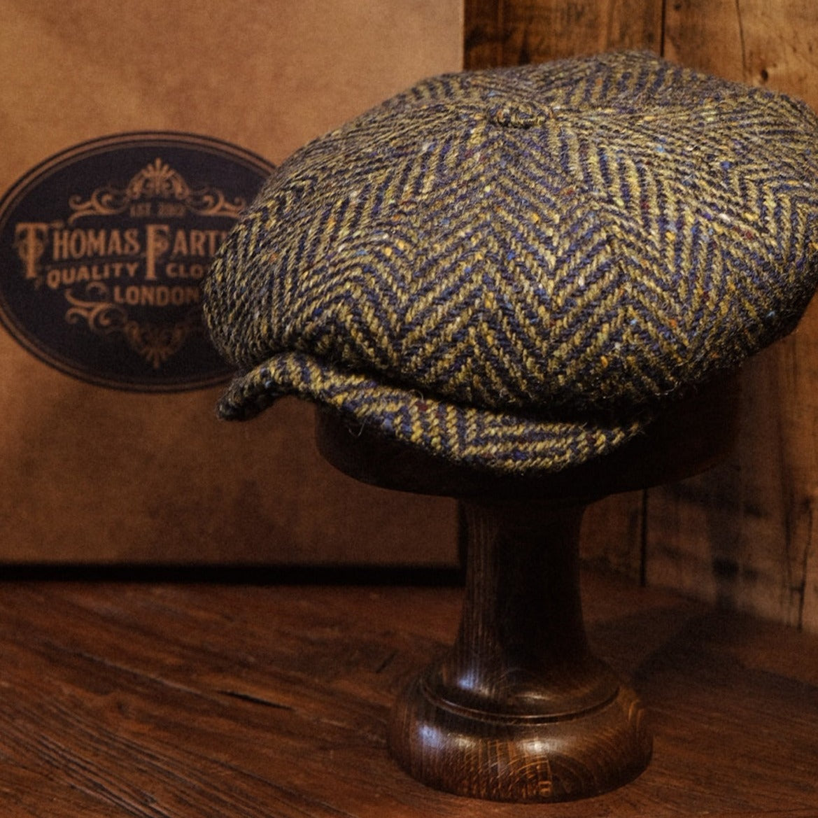 Eight Piece Navy & Green Herringbone Wool Newsboy Cap - Image 2