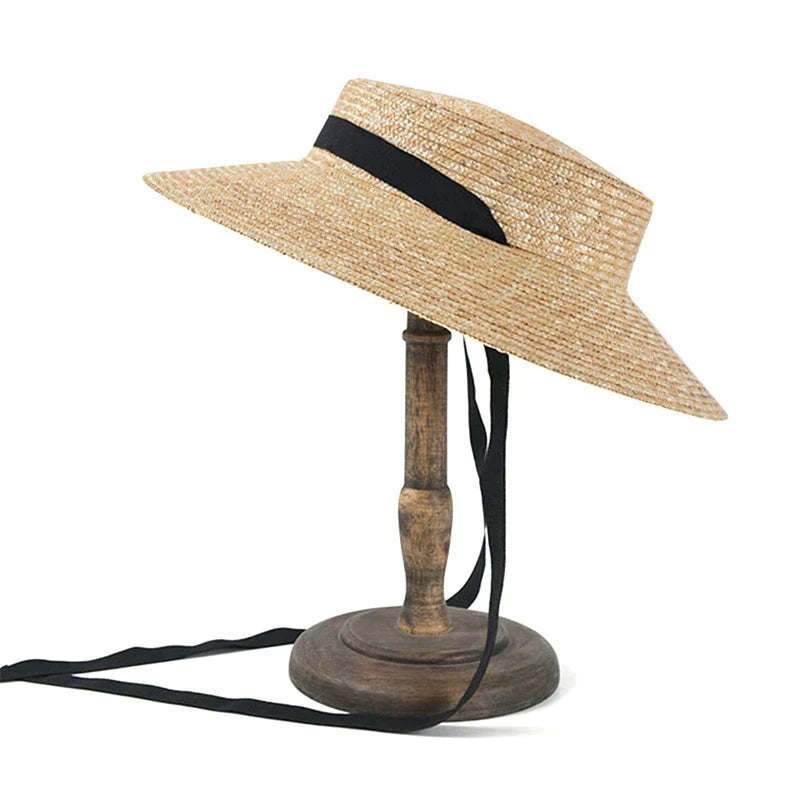 Flat Top Straw Beach Hat with Tie Top - Image 4