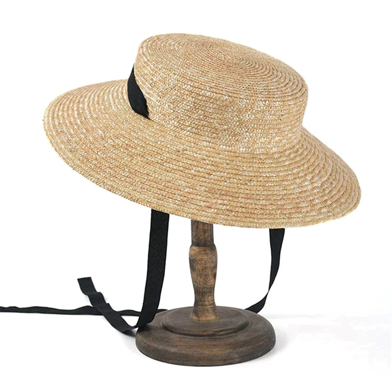 Flat Top Straw Beach Hat with Tie Top - Image 5