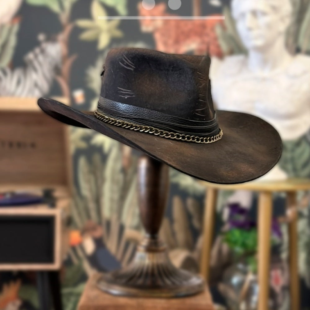 Midnight Maverick Fedora with Leather Curved Brim Conical Crown and Chain Strap - Image 4