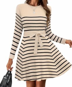 Striped Apricot Black A Line Dress SO10