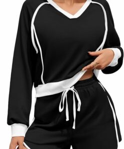 Black V Neck Cropped Sweatshirt Set SO98