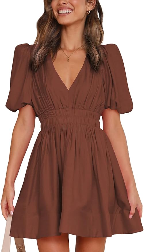 Brown V Neck A Line Dress SO563