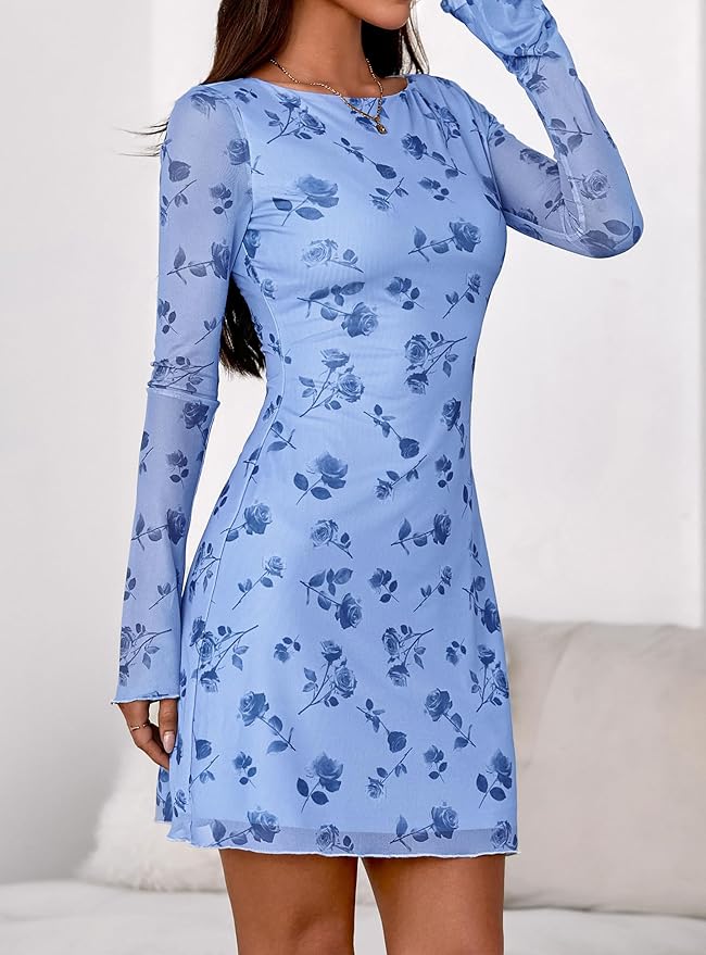 Floral Light Blue Mini Dress SO560 - Image 2