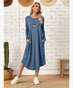 Alternative view of Women's Cotton Maxi Dress – Solid Color Long Sleeve A-Line with Pockets