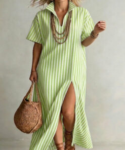 Women's Striped Slit Maxi Dress – V-Neck Short Sleeve