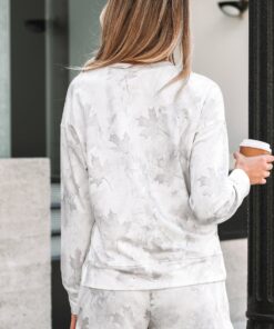 Alternative view of Beige Maple Camo Print Pullover Top and Elastic Waist Casual Short Set