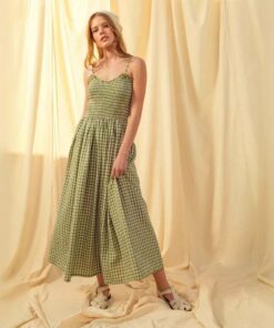 Alternative view of Women's Retro Plaid Sleeveless A-Line Maxi Dress – Fitted Waist Pleated Sundress