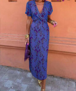 Alternative view of Women's Ruched Maxi Dress – V-Neck Short Sleeve, Form-Fitting Printed Elegant