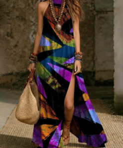Alternative view of Women's Printed Halterneck Split Maxi Dress – Loose Fit Sleeveless
