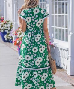 Alternative view of Green V Neck Ruffled Short Sleeve Flower Maxi Dress