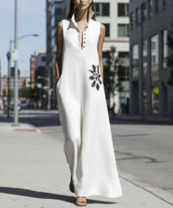 Alternative view of Women's Cotton Linen Mandarin Collar Maxi Dress – Graphic Print with Pockets