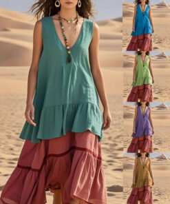 Women's Sleeveless Color-Block Patchwork Maxi Dress – V-Neck