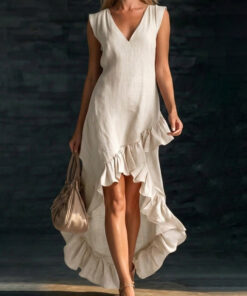 Sleeveless V-Neck Ruffle Hem Maxi Dress – Women's Cotton Linen