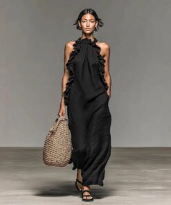 Women's Resort Ruffled Halterneck Sleeveless Open-Back Maxi Dress