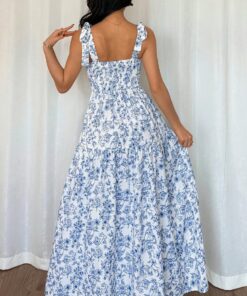 Alternative view of Sky Blue Floral Print Knot Straps High Waist Flared Maxi Dress