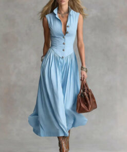 Women's Sleeveless Lapel Collar Maxi Dress – Slim Fit Patchwork