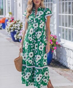 Green V Neck Ruffled Short Sleeve Flower Maxi Dress