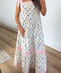 Alternative view of Multicolour Floral Print Striped Detail Knot Straps Maxi Dress