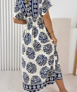 Alternative view of Blue Boho Floral Print Contrast Patchwork V Neck Dolman Maxi Dress