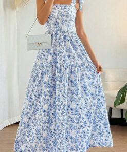 Sky Blue Floral Print Knot Straps High Waist Flared Maxi Dress