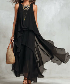 Alternative view of Asymmetrical Ruffle Mesh Chiffon Sleeveless Maxi Dress – Black, XS–XXL