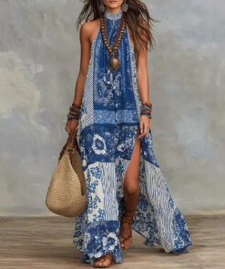 Women's Printed Halterneck Split Maxi Dress – Loose Fit Sleeveless
