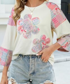 Beige Color Block Retro Floral Patchwork Long Sleeve Top