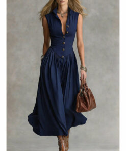 Alternative view of Women's Sleeveless Lapel Collar Maxi Dress – Slim Fit Patchwork