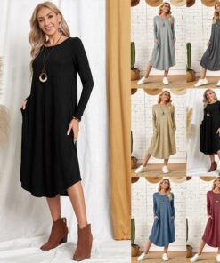 Women's Cotton Maxi Dress – Solid Color Long Sleeve A-Line with Pockets