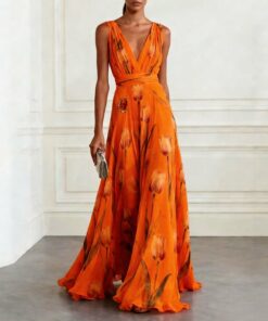 Alternative view of Women's Tulip Print Sleeveless Deep V-Neck A-Line Maxi Dress – 7 Colors