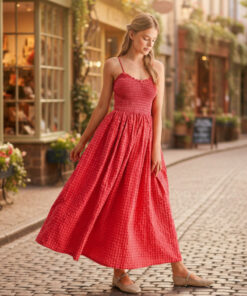 Women's Retro Plaid Sleeveless A-Line Maxi Dress – Fitted Waist Pleated Sundress