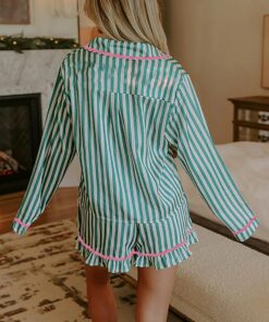 Alternative view of Green Stripe Contrast Ricrac Trim Long Sleeve Shirt Drawstring Ruffled Pajama Short Set