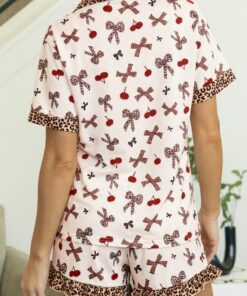 Alternative view of White Chic Bow Cherry Printed Leopard Contrast Patchwork Shirt Drawstring Shorts 2pcs PJ Set