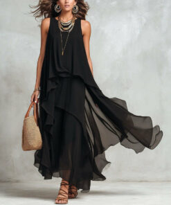Asymmetrical Ruffle Mesh Chiffon Sleeveless Maxi Dress – Black, XS–XXL