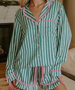 Green Stripe Contrast Ricrac Trim Long Sleeve Shirt Drawstring Ruffled Pajama Short Set