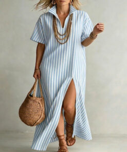 Alternative view of Women's Striped Slit Maxi Dress – V-Neck Short Sleeve