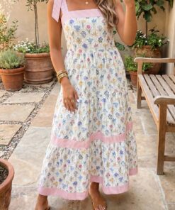 Multicolour Floral Print Striped Detail Knot Straps Maxi Dress