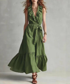 Women's V-Neck Sleeveless Lace-Up Panelled Maxi Dress – Wide Flare