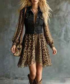 Alternative view of Women's Denim-Look Chiffon Patchwork Long Sleeve Maxi Dress