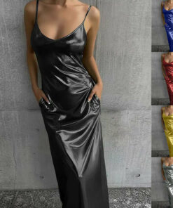 Textured Mirror-Finish U-Neck Slip Maxi Dress with Pockets