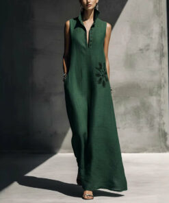 Women's Cotton Linen Mandarin Collar Maxi Dress – Graphic Print with Pockets