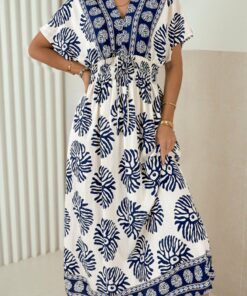 Blue Boho Floral Print Contrast Patchwork V Neck Dolman Maxi Dress