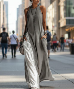 Off-Shoulder Color-Block Flared Maxi Dress with Pockets | 5 Colors